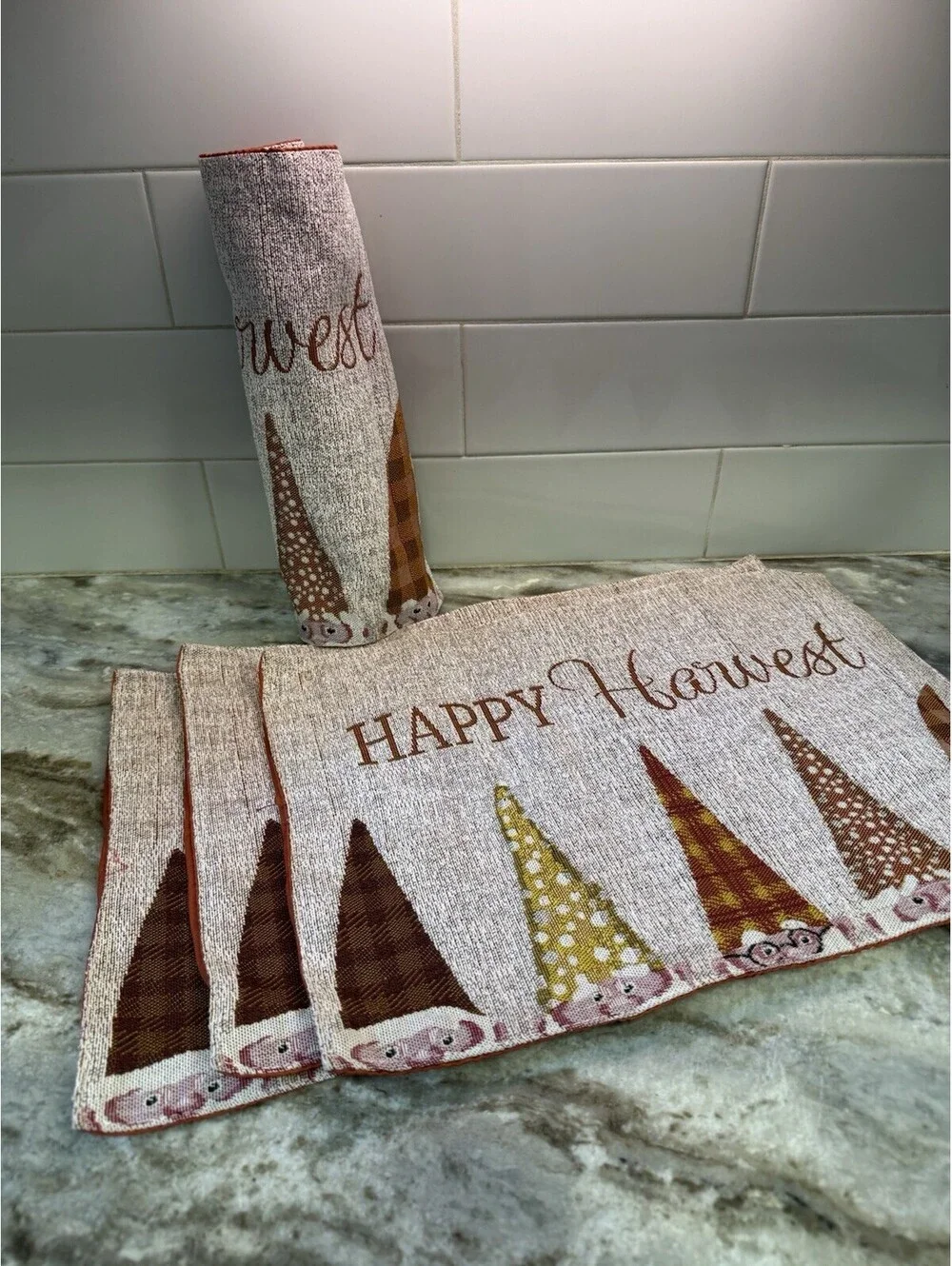 Fall Holiday Happy Harvest Gnome Placemats, Set of Four (4) Colorful Tapestry